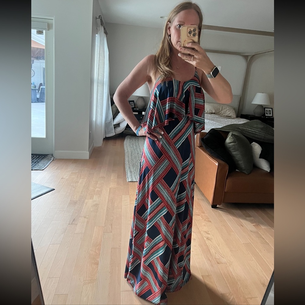 Veronica M multicolor Diagonal Striped Halter Ruffle Maxi Dress Stretch small